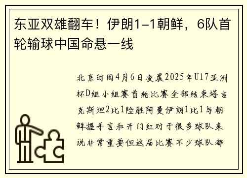 东亚双雄翻车！伊朗1-1朝鲜，6队首轮输球中国命悬一线
