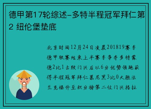德甲第17轮综述-多特半程冠军拜仁第2 纽伦堡垫底